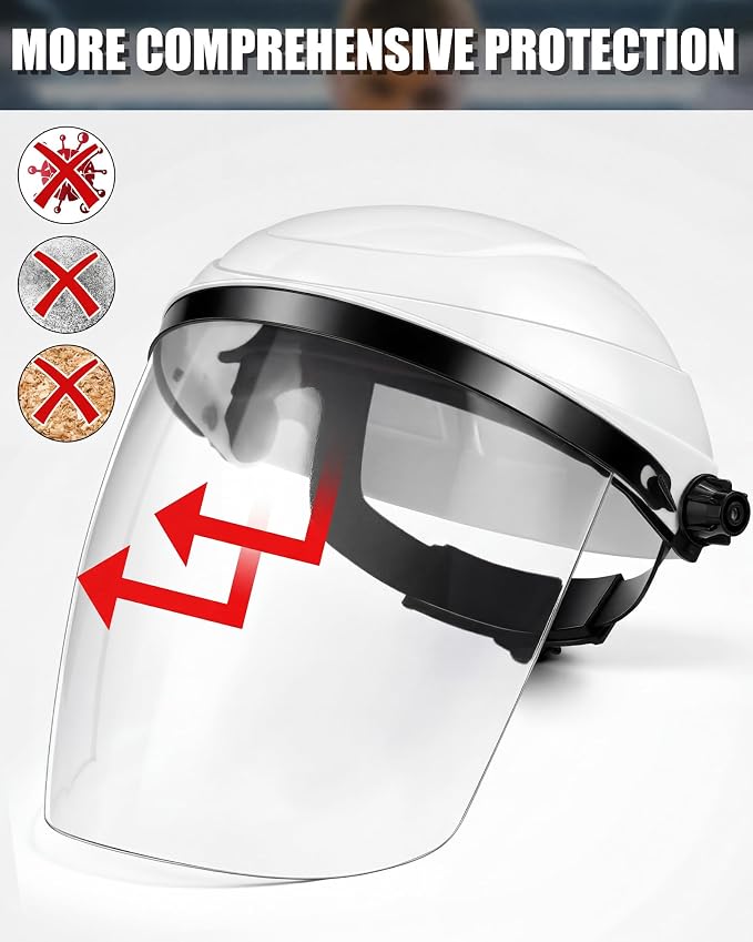 Tellegloww 4 Pcs Clear Safety Face Shield for Grinding & Cutting, Lightweight Full Impact Resistant with Adjustable Ratcheting Headgear Face Shield Mask for Work Chemical Woodworking Industrial, White