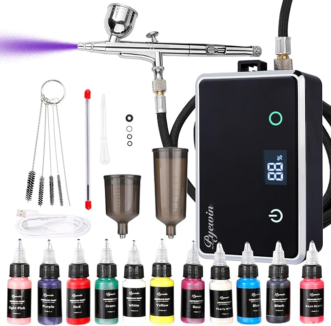 32PSI Cordless Airbrush Kit with Compressor - Portable Handheld Air Brush Gun with LED Display & 0.38mm Anti-Clog Nozzle, Rechargeable Airbrush Set for Model Painting, Nails, Barber, Cake & Makeup