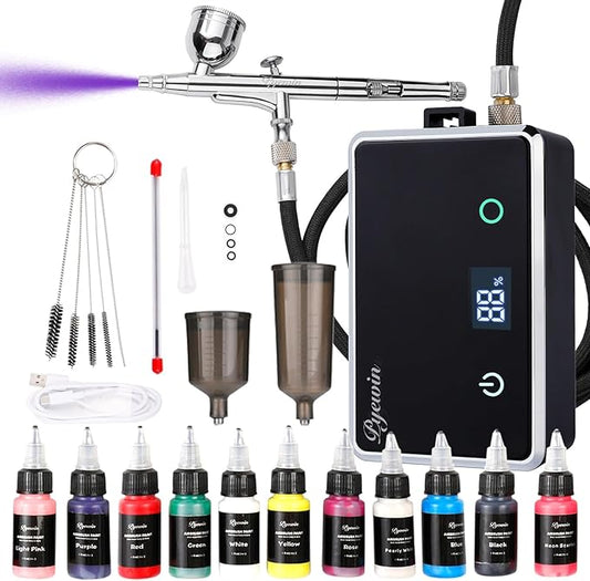 32PSI Cordless Airbrush Kit with Compressor - Portable Handheld Air Brush Gun with LED Display & 0.38mm Anti-Clog Nozzle, Rechargeable Airbrush Set for Model Painting, Nails, Barber, Cake & Makeup