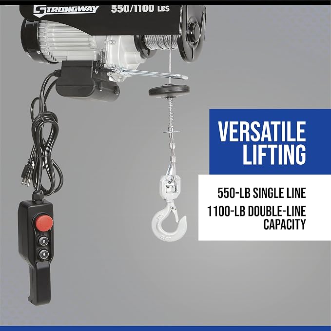 Strongway Electric Cable Hoist - 550-Lb. Single-Line Capacity/1100-Lb. Double-Line Capacity, 38ft./19ft. Lift