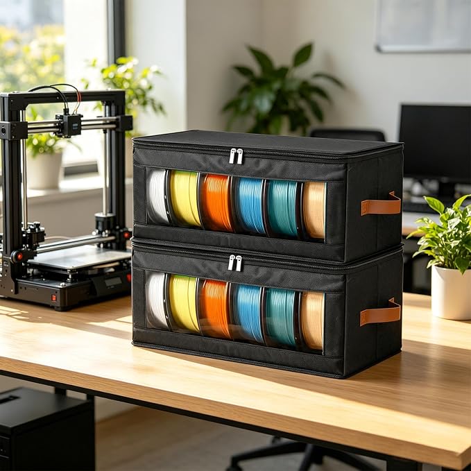 2 Pack Foldable Filament Storage Box, 3D Printer Filament Containers with Transparent Window, Desiccants & Labels, Holds 12 Rolls, Water-Resistant Organizer for Home Office Workshop Studio