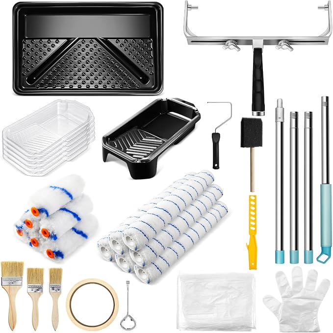 WILLBOND 35 Pcs Professional Paint Roller Kit Complete Solution with 18'' & Small Rollers, Steel Pole, Drop Cloth, and Full Accessories(4 Inch)