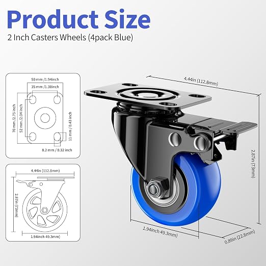 2 Inch Swivel Casters Set of 4, Locking Caster Wheels Heavy Duty, Polyurethane (PU) Plate Caster with Brake, Castor Wheels, Industrial Caster for Furniture, Workbench, Carts