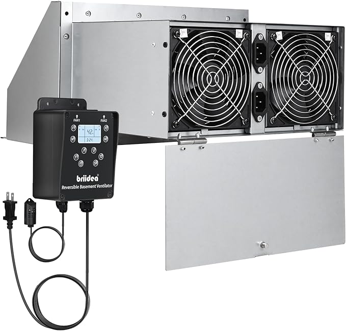 Reversible Basement Ventilation Fan with Dual 100 CFM Fans, Independent Speed Control, Smart Humidity & Timer Modes, Real-Time Display, Fresh Air Supply & Exhaust for Basement, Storeroom, Wine Cellar