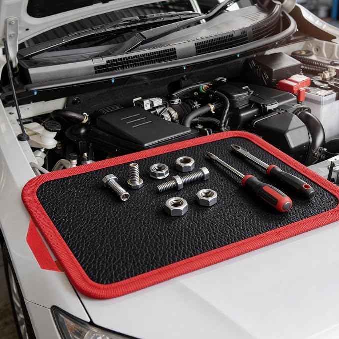 Flexible Magnetic Tool Mat with handles, 12.8" x9.5" Non-Slip Magnetic Tool Organizer & &Telescoping Magnetic Tool, Magnetic Tool Mat for Mechanics, Garage, Workshop & Auto Repair(Red)