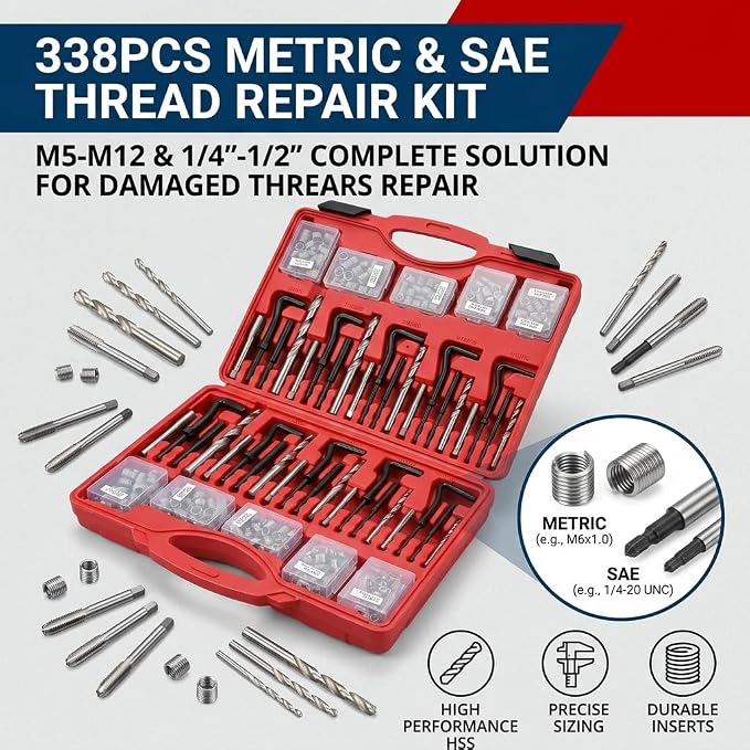 Thread Repair Kit, 338PC Helicoil Repair Kit with Metric & SAE HSS Drill Bit and Wire Thread Inserts, M5 M6 M8 M10 M12 1/4" 5/16" 3/8" 7/16" 1/2"