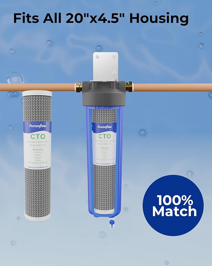 20x4.5 Inch CTO Carbon Block Water Filter, Whole House Coconut Shell Replacement Cartridge, Reduces Chlorine, Taste & Odor, 5 Micron, Fits Standard 20" Housings