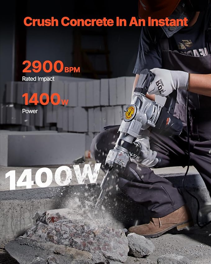 VEVOR Electric Demolition Hammer, 1400W Heavy Duty Jackhammer with 2 Chisel Bits and Carrying Case, 2900 BPM for Breaking Concrete, Includes Black Gloves