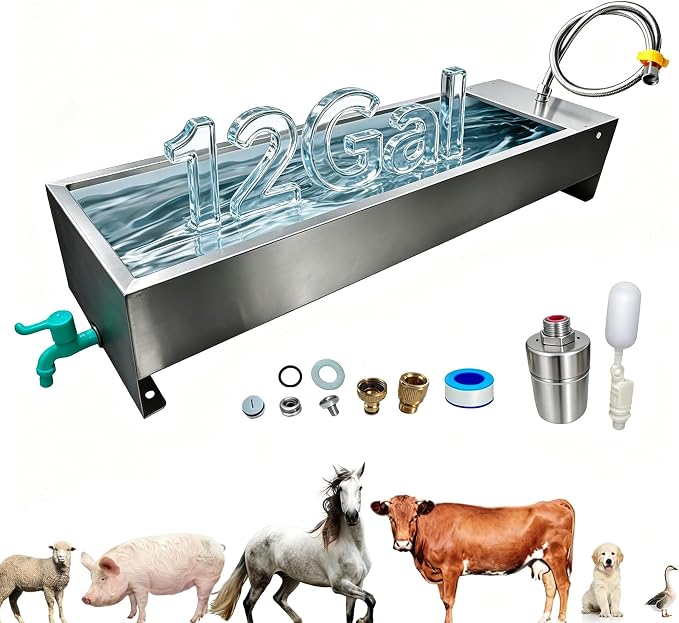 Automatic Livestock Water Trough Animal Stainless Steel Larger Automatic Waterer with Float Valve Kit for Goat Cattle Horse Hog Pigs Dog Water Dispenser Outdoor, 39.5"*11.8"*7.8",12 Gallons