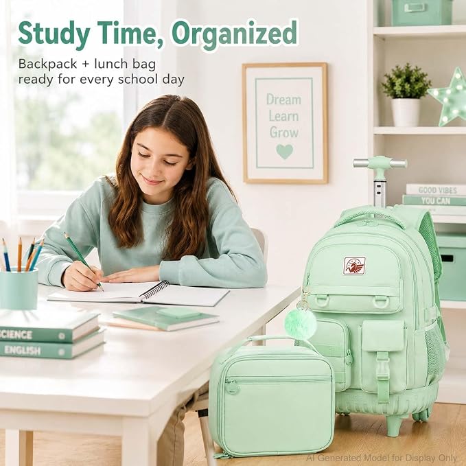 CCJPX Rolling Backpack for Girls Women, 21 inch Roller Wheels School Bookbag, Wheeled Suitcase Backpacks with Lunch Bag for Teen - Green
