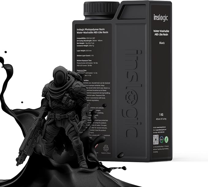 Inslogic Water-Washable ABS-Like Resin, Combines Features of ABSLIKE Resin & Water Washable Resin, Non Brittle, High Precision, Fast Curing 3D Resin for LCD DLP SLA 3D Printers, 1KG Black