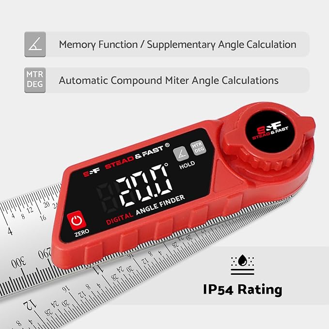 S&F STEAD & FAST Digital Angle Finder with Miter Button, 7 Inch / 200 mm Stainless Steel Digital Protractor, 0–360° Angle Ruler with XL LED Display, ±0.2° Accuracy for Woodworking, Construction