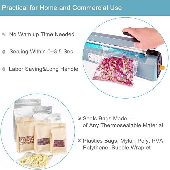 Impulse Sealer 16 inch Heat Sealer for Plastic Bags, Metal Plastic Bag Sealer Heat Seal, Mylar Bag Sealer, Manual Poly Bag Hot Seal Sealing Machine with 4 Repair Kit(2 Cutting Lines Included)