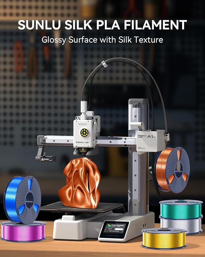 3D Printer Silk Filament, SUNLU Shiny Silk PLA Filament 1.75mm, Smooth Silky Surface, Great Easy to Print for 3D Printers, Dimensional Accuracy +/- 0.02mm, Silk Light Gold+Silver+Blue+Green 4KG