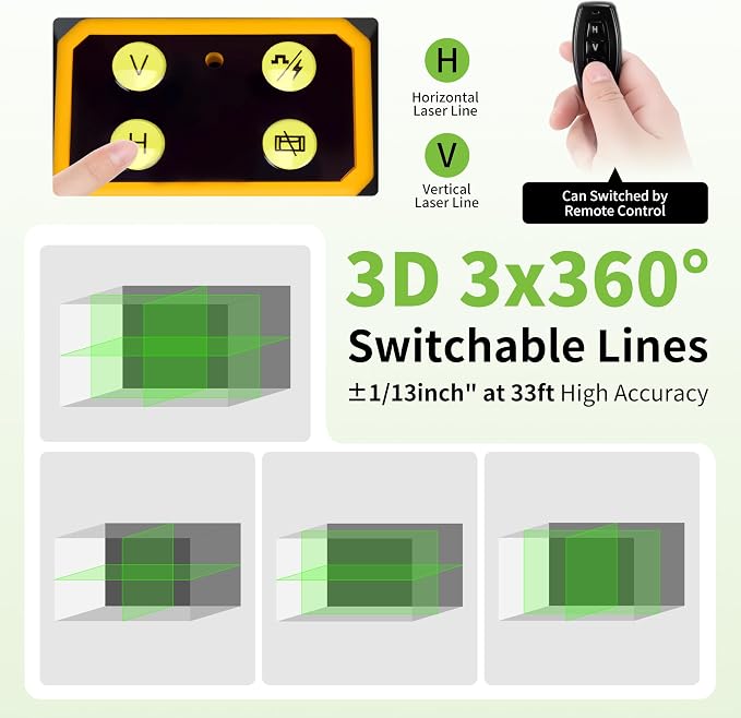 Laser Level 360 Self Leveling, 3x360° Rechargeable Green Line leveler with for Remote Control & Magnetic Rotating Stand, Outdoor Pulse Mode, 3D Lazer Level for Construction Picture Hanging