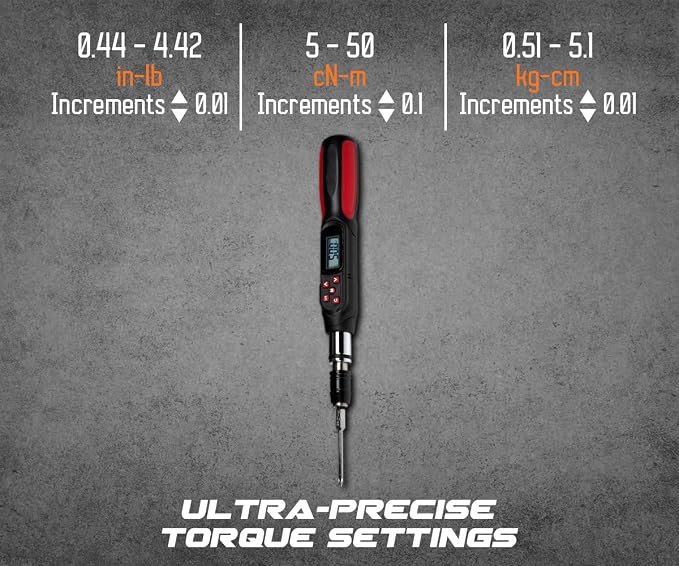 Tapha Tools Digital Torque Screwdriver 0.44-4.42 in-lbs (5-50 cN-m / 0.51-5.1 kg-cm) Torque Range, Accurate to ±2% Dual Direction, LED and Buzzer Notification, Preset Memory (SPN-T05BN)
