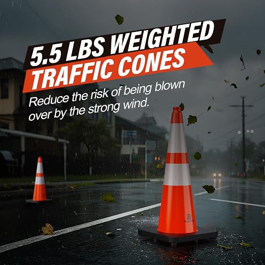 RoadHero 6 Pack 28 Inch 5.5 Lb Traffic Cones with Heavy Black Base, Orange Safety Cone with Reflective Collar for Parking Lot, Construction Work, Road Safety