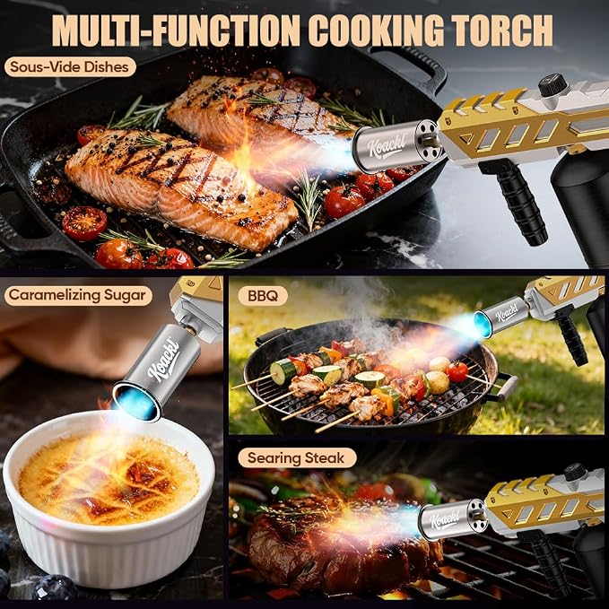 Koackl Powerful Propane Torch, Blow Torch with Adjustable Flame, Flamethrower Kitchen Torch Burner Gas Welding Kits for Grill, BBQ, Searing Steak, Camping & Charcoal Torch Lighter Golden
