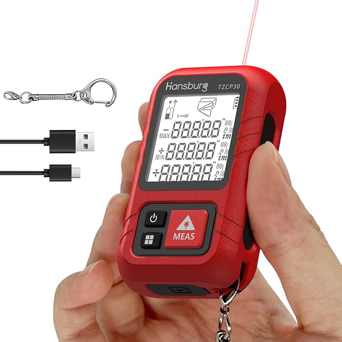 Hansburg Laser Measurement Tool 98 Ft / 30m 8-in-1 Modes Digital Laser Tape Measure Portable Chargeable Medidor Laser for Length, Area, Wall Area, Volume and 4 Pythagorean Modes with IP65 Waterproof