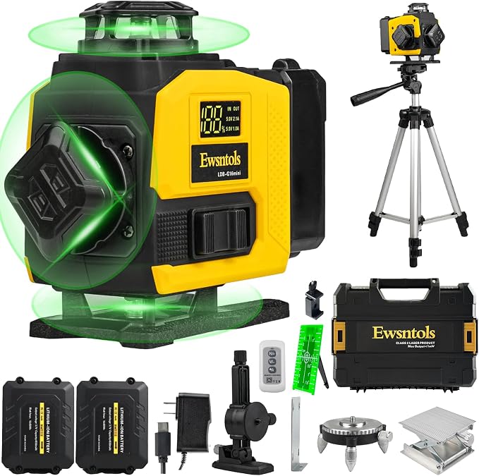 Laser Level with Tripod,4×360° Whole-Room Cross-Line Green Beam Laser Level 360 Self Leveling with 2×4500mAh Batteries & Rotatable Window for Picture Hanging,Tile,Ceiling and Home Renovation