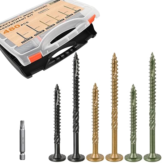 #14 Heavy-Duty Wood Screws Assortment Kit, 480Pcs Star Drive Decking Wood Screws, Rust Resistant Timber Screws for Log/Landscaping Wood (2-7/8",4-1/2") Black, Tan, Green