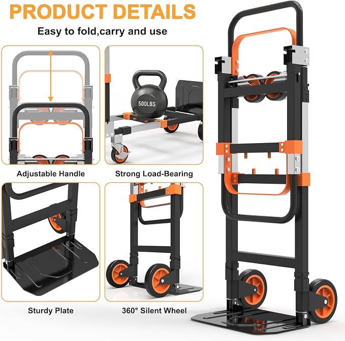 3-in-1 Folding Hand Trucks, 500lbs Convertible Dolly, Dolly Cart with Wheels Heavy Duty, Moving Cart with Retractable Handle, Collapsible Trolley for Moving Office/Home/Warehouse/Boxes/Carton (Orange)