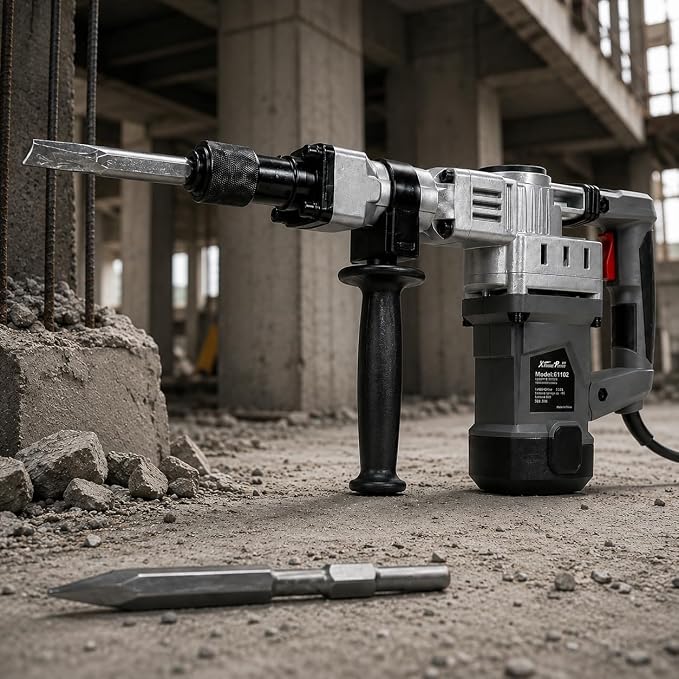 XtremepowerUS 1400W Electric Demolition Jack Hammer, 3900 BPM Heavy Duty Concrete Breaker with Point & Flat Chisel Bits, Adjustable Handle, Carrying Case for Concrete, Brick, Asphalt & Masonry