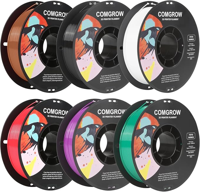 Comgrow PETG 3D Printer Filament 1.75mm, High Precision and Tough 3D Printer Filament 6 rolls*1kg, Dimensional Accuracy +/- 0.02 mm, Fit Most 3D Printers Black/White/Cherry Red/Pine Green/Purple/Brown