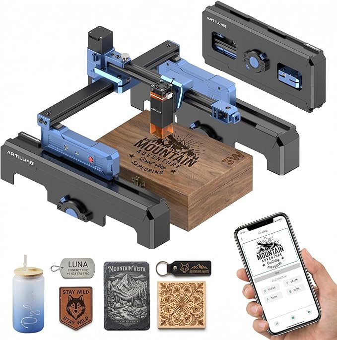Artilume Laser Engraver 3000mW APP-Control Foldable Design with Height Extension and Protective Enclosure 0.01mm Precision 200x150mm Engraving Area for Wood Leather Acrylic for Beginners (T1-P)