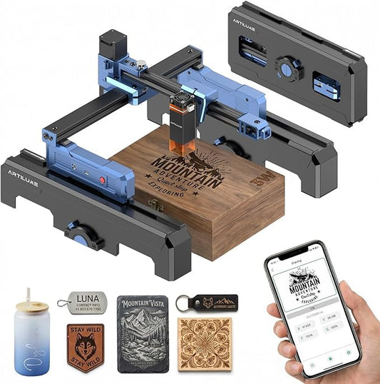 Artilume Laser Engraver 3000mW APP-Control Foldable Design with Height Extension and Protective Enclosure 0.01mm Precision 200x150mm Engraving Area for Wood Leather Acrylic for Beginners (T1-P)