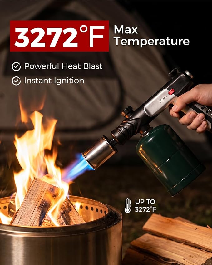 Propane Torch Gun, Weed Torch Propane Burner & Cooking Blow Torch with Safety Lock, One-Touch Max Fire, Adjustable Flame for Searing Steak, BBQ, Charcoal Starter & Weed Burning (Tank Not Included)