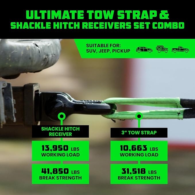 Rhino USA Heavy-Duty Recovery Gear Combos Off-Road Truck Vehicle Recovery, Best Offroad Towing Accessories (30' Strap + Shackle Hitch)
