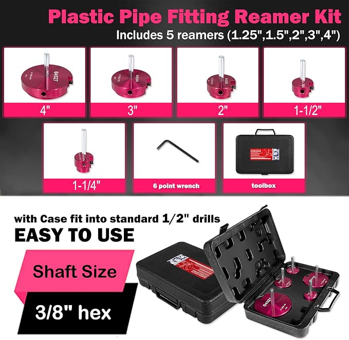 5-Piece Plastic Pipe Reamer Tool Kit for PVC, CPVC & ABS Fittings,Includes 1.25", 1.5", 2", 3", 4" Reamers,Compatible with Standard 1/2" Drills,3/8" Hex Shaft, for Exhaust, Drain, Water Pipes Cleaning