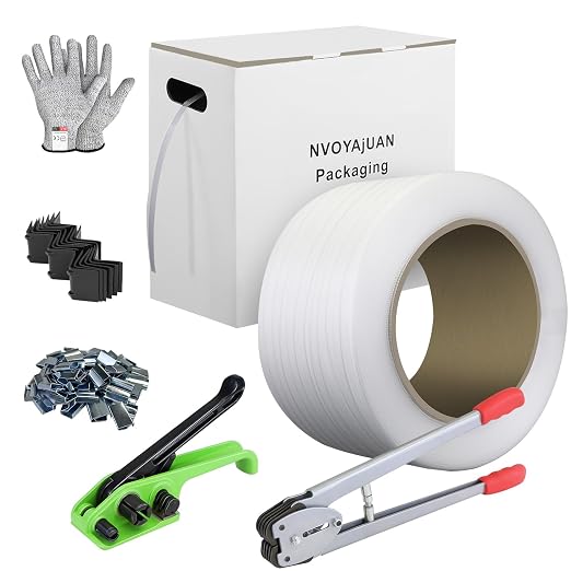 Banding Strapping Kit with 1/2" x3600 ft Polypropylene (PP) Band 300 Metal Seals 100 Plastic Edge Protectors Tensioner Sealer Tool Glove for Pallet Box Packaging
