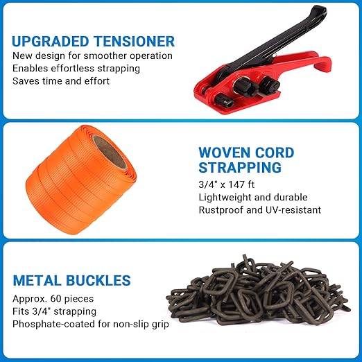 Woven Cord Banding Kit Pallet Packaging Tool 3/4" x 147' Strapping, 60pcs Metal Phosphate Cord Strapping Buckles Heavy Duty Tensioner Kit by LOCXVE
