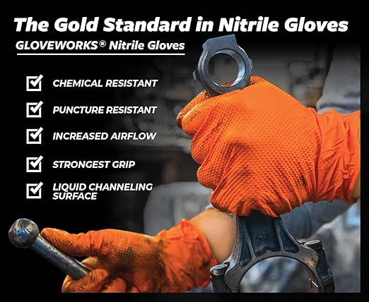 GLOVEWORKS 8 Mil Orange Nitrile Disposable Gloves Heavy Duty Industrial RDT for Mechanic and Automotive, XL 3 Boxes of 100