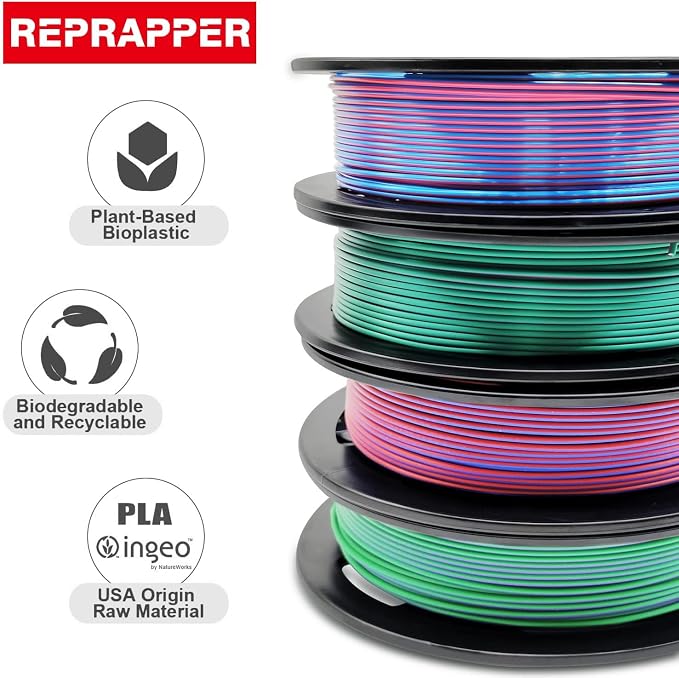 Reprapper 4X 250g Color Pack, Dual Color Filament Coextrusion PLA Filament 1.75mm for 3D Printer, 4 x 250g Spools Matte Red/Blue, Matte Purple/Green, Silk Red/Blue, Silk Purple/Green
