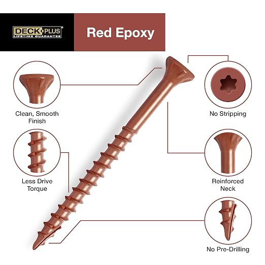 Deck Plus 2 Inch Epoxy Coated Exterior Wood and Fence Screws #8 x 2 Torx/Star Drive Included Coarse Thread, Outdoor Rust Resistant Decking Screw, Red, 50 Pieces | 42598