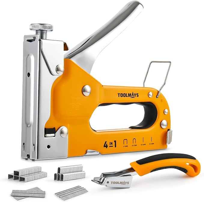 4-in-1 Staple Gun, Heavy Duty Stapler with 800 Staples and Staple Remover, Adjustable Force Upholstery Staple Gun for Wood, Furniture, Crafts, DIY, Cable, Carpet