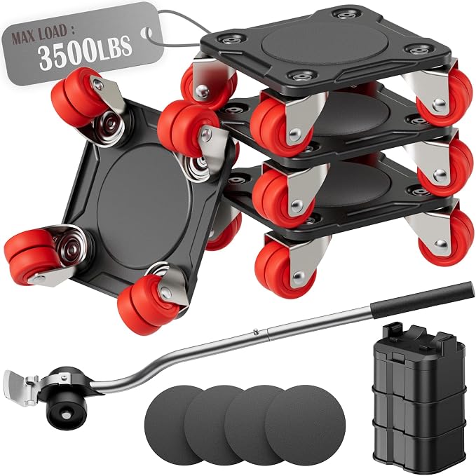 Heavy Duty Furniture Movers with 8 Wheels, Dual-Wheel Caster Square Dollies with Furniture Lifter and Base, 360° Swivel Casters, Non-Slip Pads, Up to 3500 lbs Load Capacity
