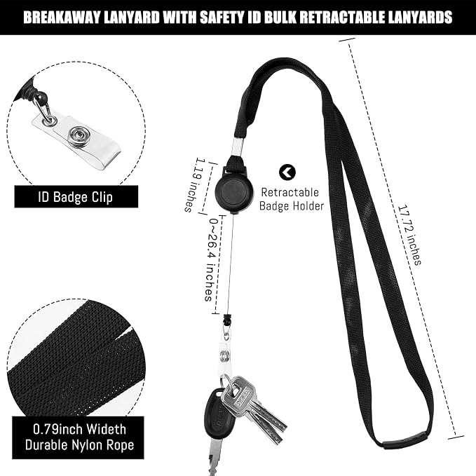 Windyun 48 Pcs Breakaway Lanyard with Safety ID Bulk Retractable Lanyards Flat Neck Straps (Black)