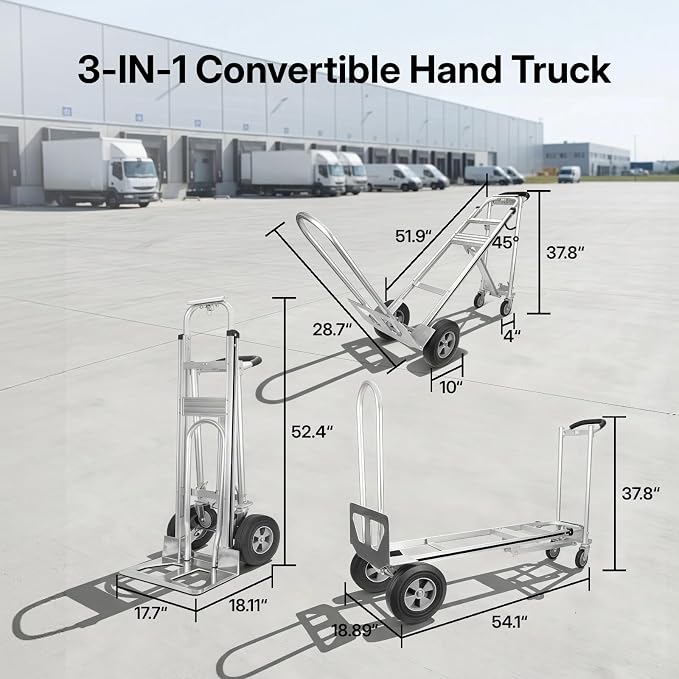 NORTHSKY 3-in-1 Convertible Hand Truck & Platform Cart, 770 lbs Heavy Duty Aluminum Dolly with 10" Solid Rubber Wheels&Folding Nose Extension – Ergonomic Anti-Slip Handle for Transporting & Moving