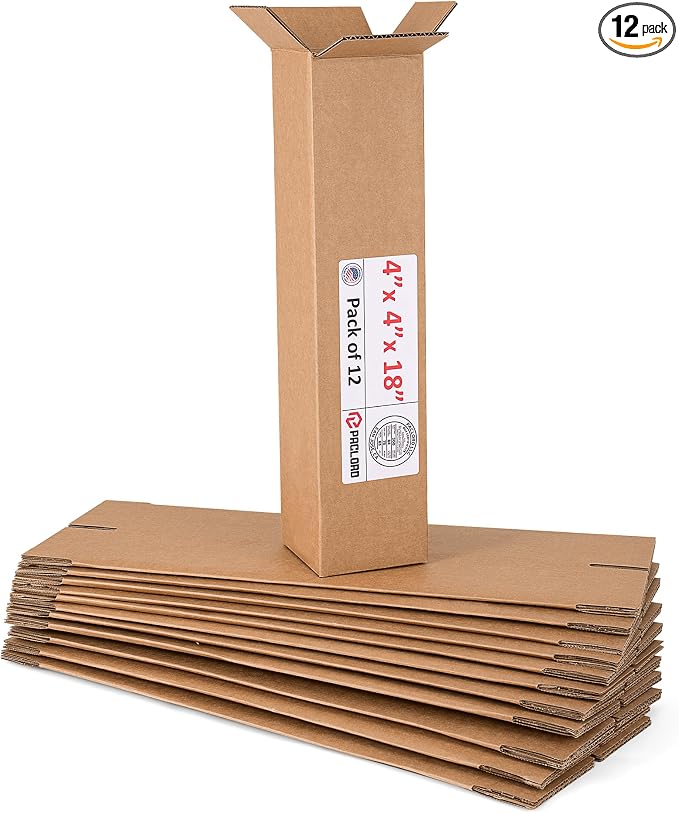 Tall Cardboard Boxes 4"L x 4"W x 18"H (Pack of 12) - USA-Made Packing Boxes for Moving, Shipping, or Storage - USPS, UPS, FedEx Approved - Professional Packing Supplies for Moving | USA-Made Packing Boxes for Moving, Shipping, or Storage - USPS, UPS, F...