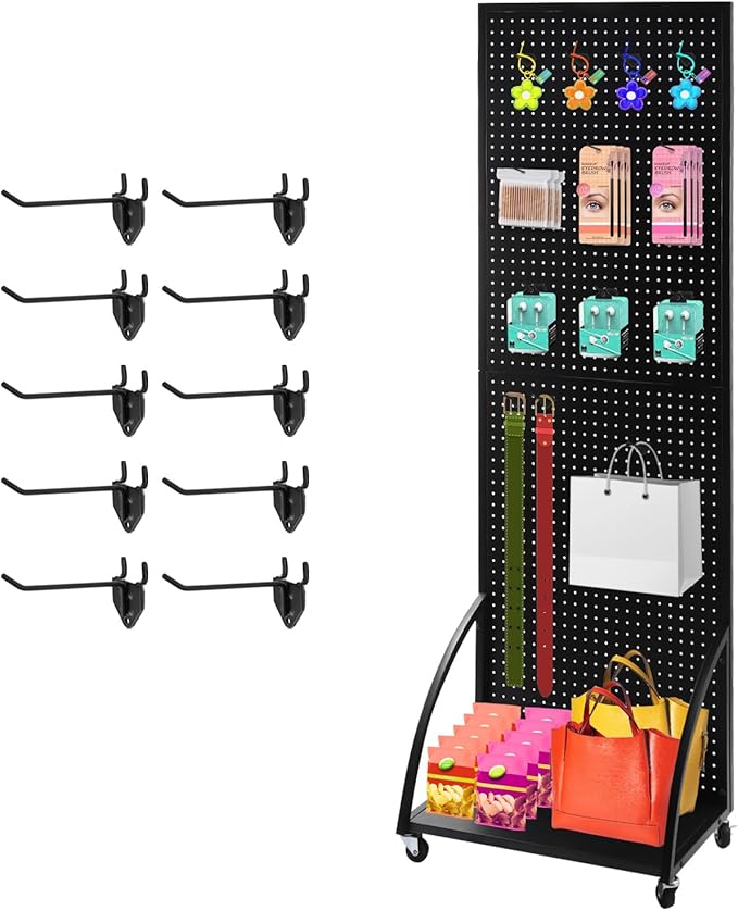 NectaCol 2'x 6' Metal Pegboard Display Stand with a Plate, Peg Board Panels, Standing Pegboard Display, Craft Fair Display Rack, Art Display Stand, Extra 10 pieces Hooks-Black
