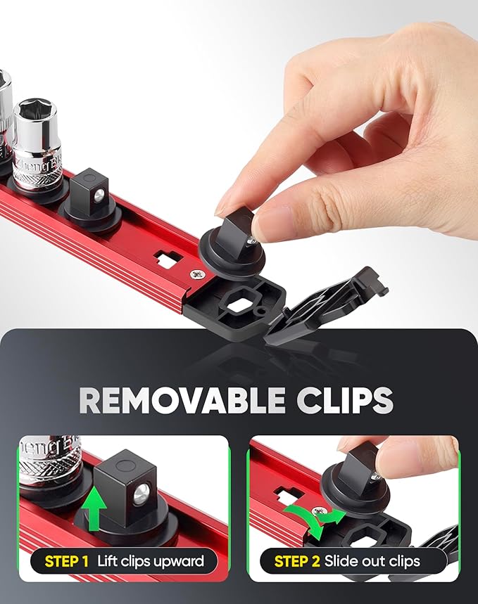 ALOANES Magnetic Socket Organizer Set, 3-Piece Heavy Duty Aluminum Socket Rails, 360° Swivel Clips Socket Rail Kit for Tool Tray Drawer Fit 1/2-Inch x 36 Clips (Red, 3PC)