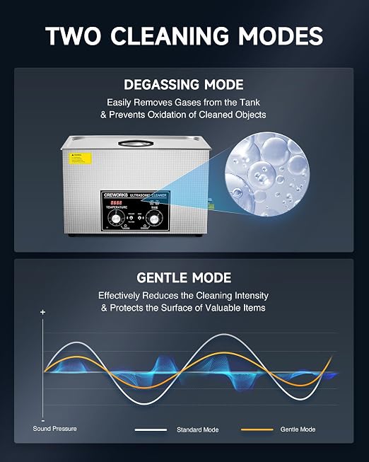 CREWORKS 30L Ultrasonic Cleaner with Heater and Timer, 600W Stainless Steel Ultrasonic Cleaner Machine with Degas & Gentle Modes, Ultrasonic Parts Cleaner with Knob Control for Machine Part Auto Tool