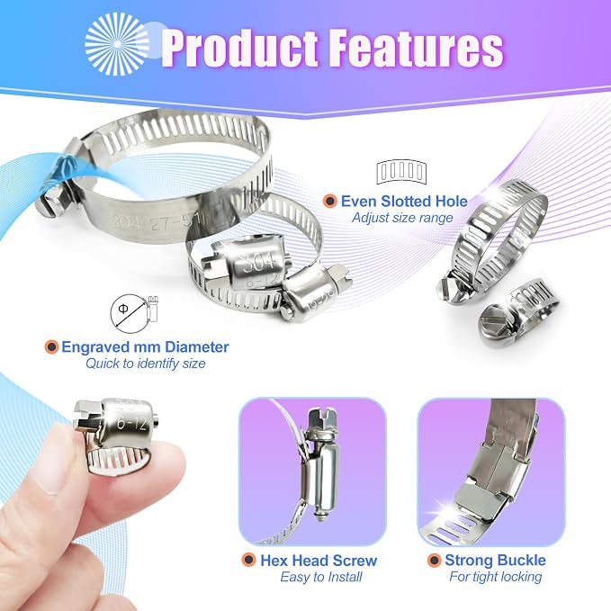 Hose Clamp- Duramedal 200 PCS Stainless Steel Hose Clamps Assortment Kit 1/4''–1-2'' stainless steel hose clamps for Fuel Line, Plumbing, Automotive, Mechanical Applications, Tube, Garden
