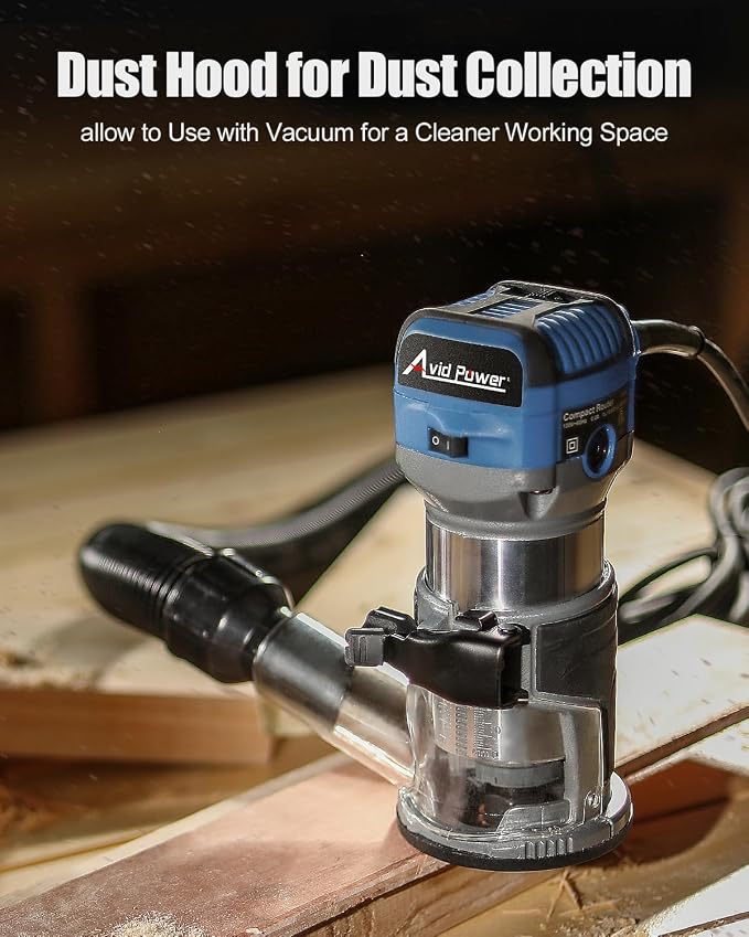 AVID POWER 6.5 Amp 1.25 HP Compact Router Tools for Woodworking, Fixed Base Wood Router with Trim Router Bits, 6 Variable Speeds, Edge Guide, Roller Guide, Dust Hood (Blue, 65mm)