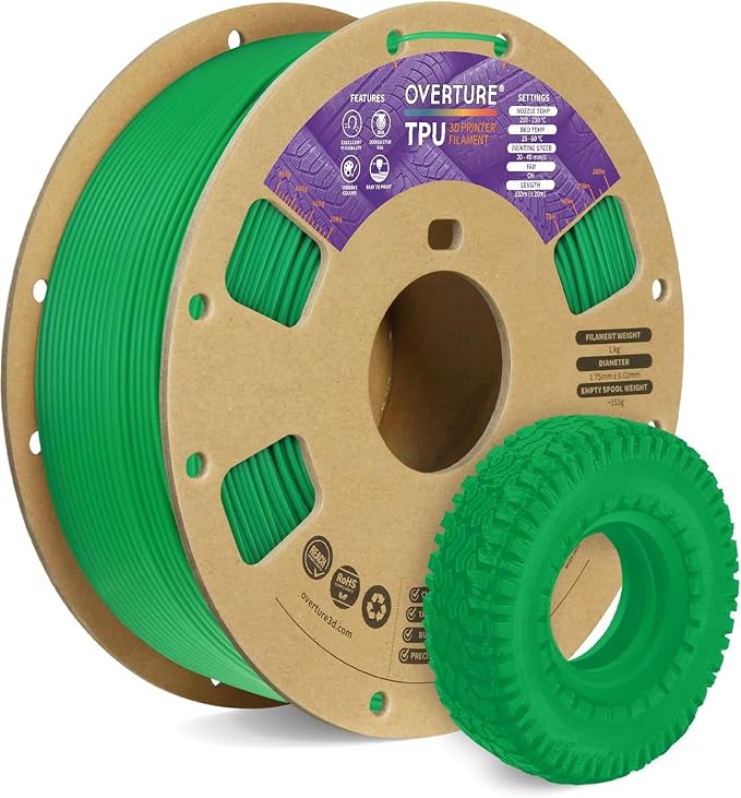 OVERTURE TPU 95A Flexible 3D Printer Filament 1.75mm | High Elasticity & Durability Filament,1kg Spool(2.2lbs),Fit Most FDM Printer(TPU Green)