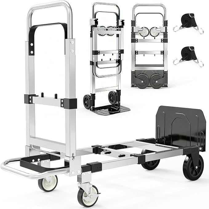 3 in 1 Aluminum Hand Truck Foldable, 500 lbs Convertible Dolly, Collapsible Dolly Cart with 4 Rubber Wheels, Portable Trolley with Retractable Handle for Moving/Office/Home/Warehouse(Black Silver)